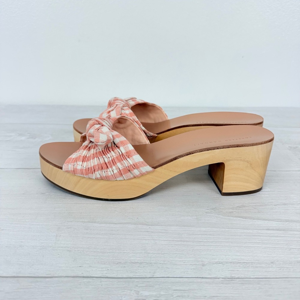 Anthropologie Loeffler Randall Clog Sandals Size 9 Pink Gingham Bow Wooden Heel - Picture 5 of 13